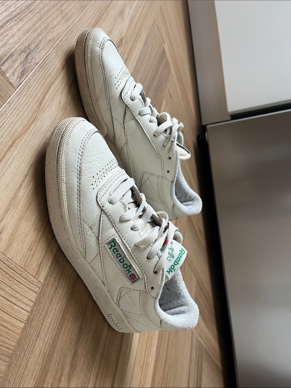 Reebok Women’s Club C 85 Vintage Leather Sneakers in Cream with Green Logo